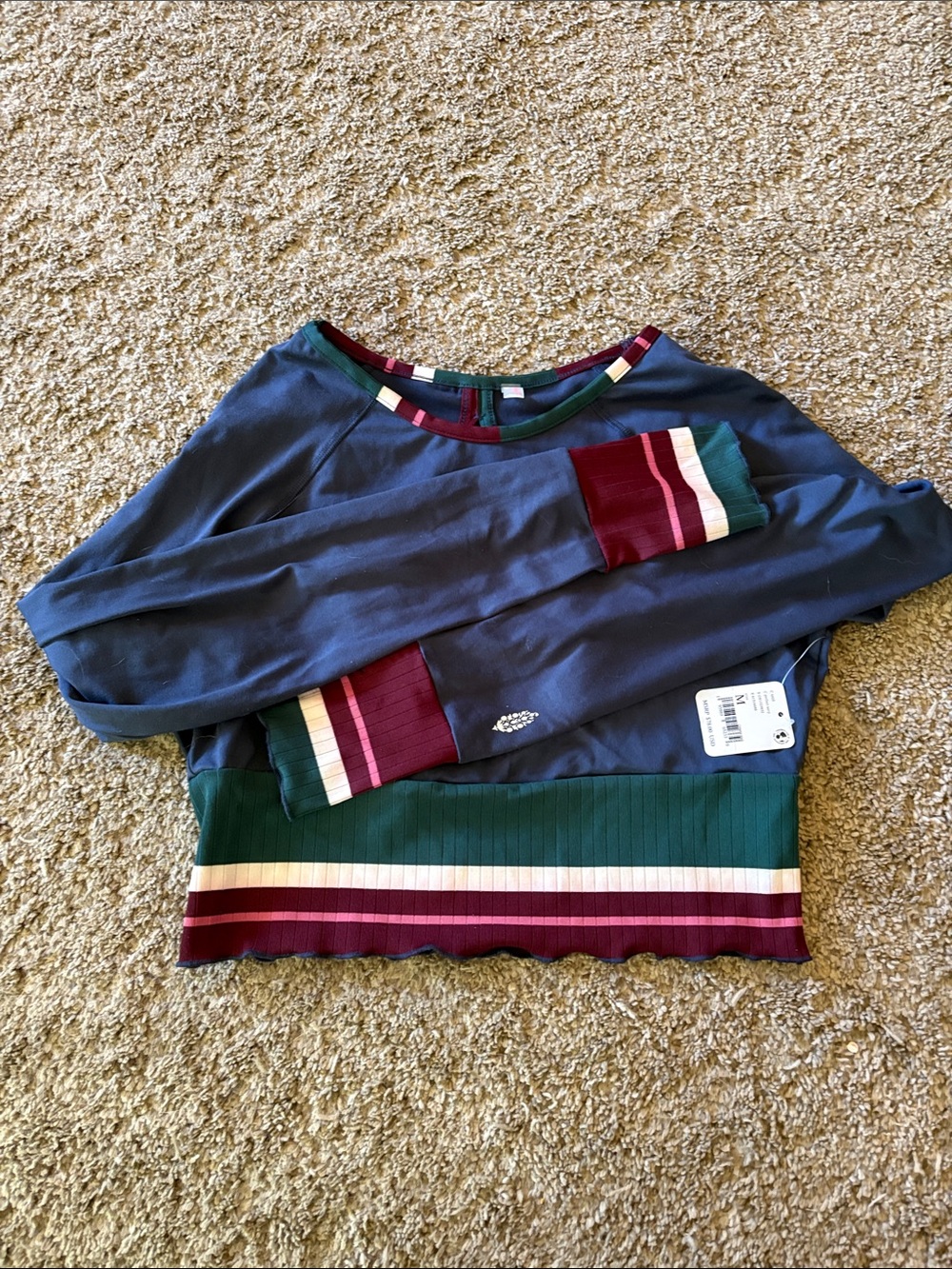 FP Movement Navy Crop Top with Multicolor Striped Trim and Key Hole Back